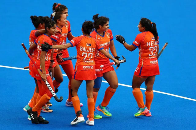 : Indian women's hockey team celebrates after defeating Germany 3-1 at the 2026 World Cup
