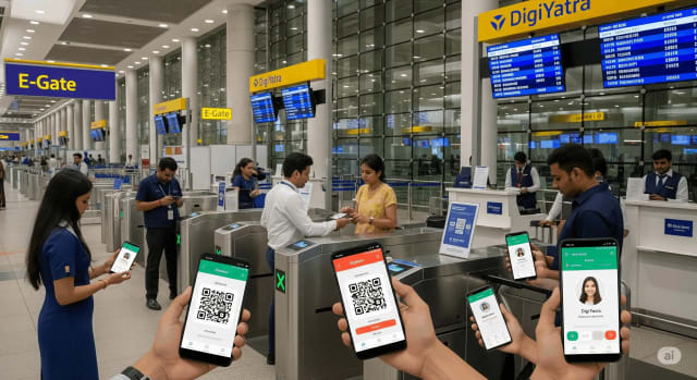 Passenger using an e-boarding pass on a mobile phone at an Indian airport