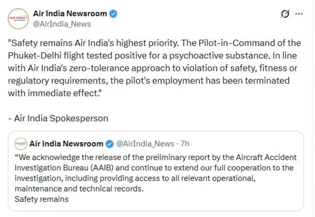 Air India announces termination of Phuket Delhi flight pilot after positive psychoactive substance test