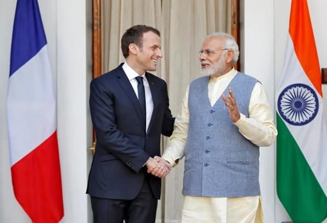 Prime Minister Narendra Modi and French President Emmanuel Macron together during a bilateral meeting.