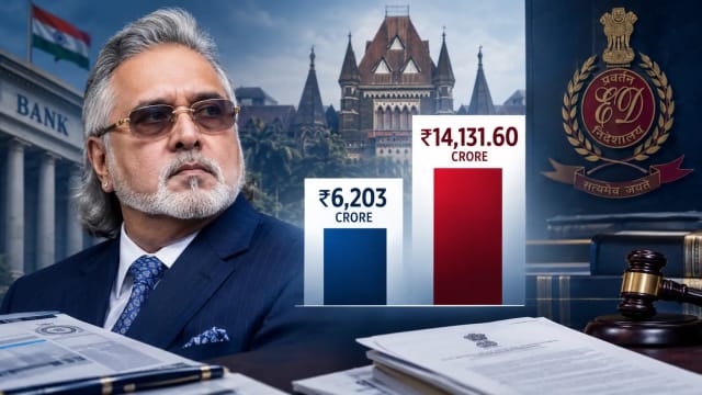 Vijay Mallya recovery dispute showing ₹6,203 crore debt and ₹14,131.60 crore restored assets