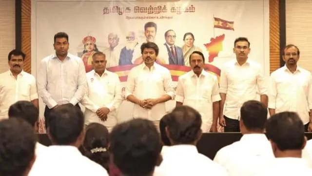 C Joseph Vijay with alliance leaders after TVK-led alliance gets new name