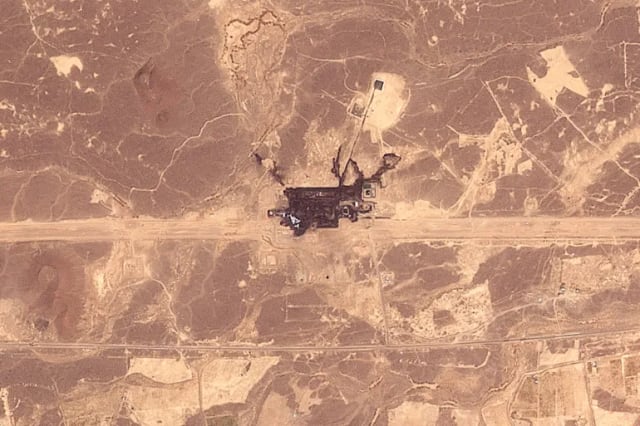 Satellite imagery shows damage near Saudi Arabia's East-West oil pipeline following a drone attack.