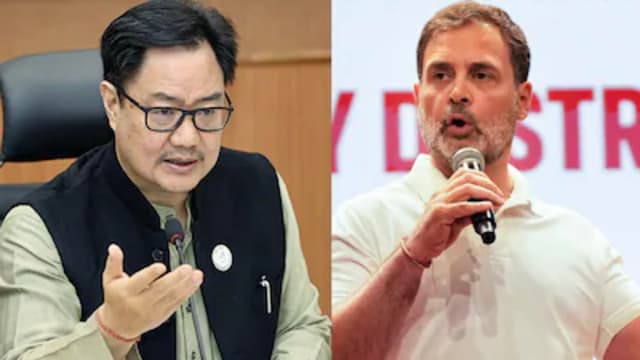 Rahul Gandhi and Kiren Rijiju amid a political row over the BRICS Summit dinner menu.