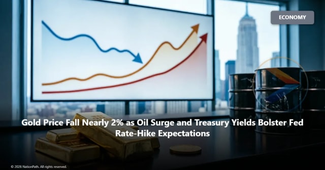 Gold bars and coins on a financial trading desk amid rising crude oil prices and US Treasury yields