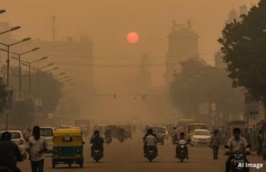 Urban traffic and skyline in Gujarat amid changing PM10 pollution levels.
