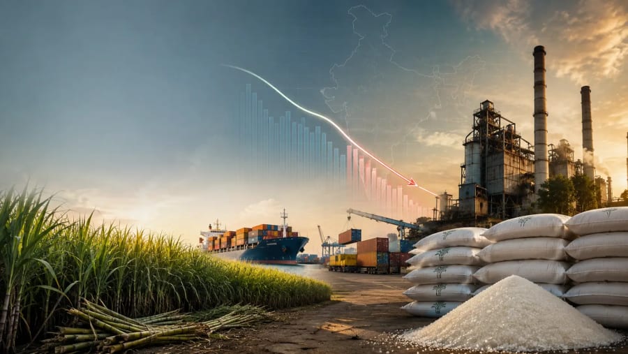 Indian sugar mill and sugarcane fields representing the shift from sugar export surplus to tighter domestic supply and imports.