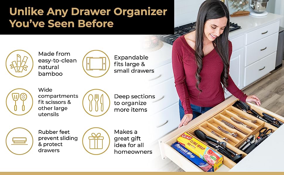 Umilife Large Kitchen Drawer Organizer, 19x20 Silverware Utensils  Organizer, 2.5 High for Large Deep Drawers, Bamboo Flatware Holder with  Thick