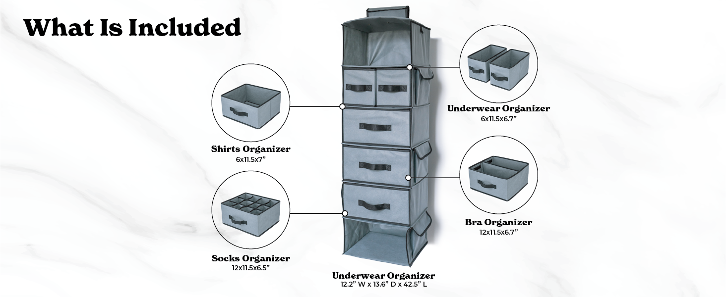 Smirly Hanging Closet Organizer Shelves. Grey 6 Shelf Closet Storage with 5 Clothes Organizer Drawers and Purpose Made