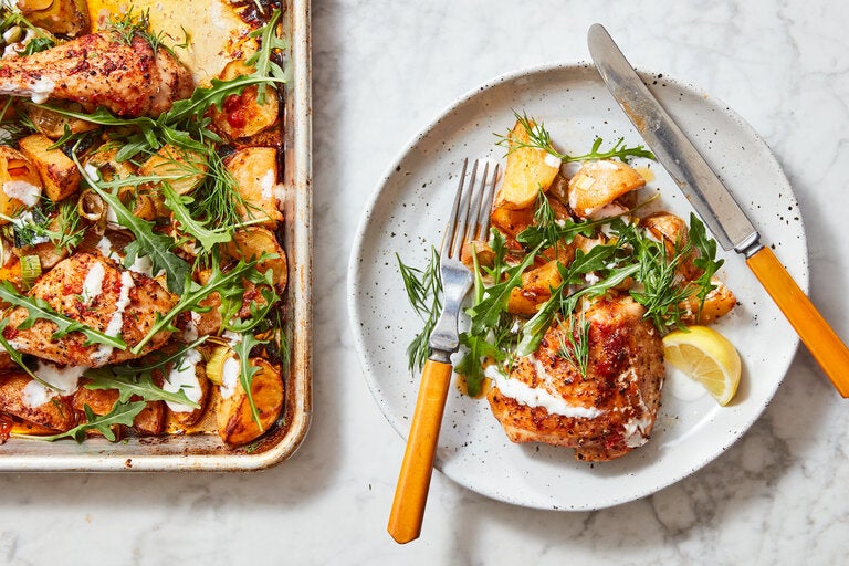 Sheet Pan Chicken With Potatoes, Arugula and Garlic Yogurt