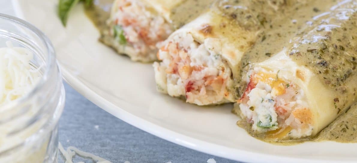 Baked Seafood Cannelloni (Lobster, Mussels and Mediterranean Sea Bass with Saffron, Tomato and White Wine)