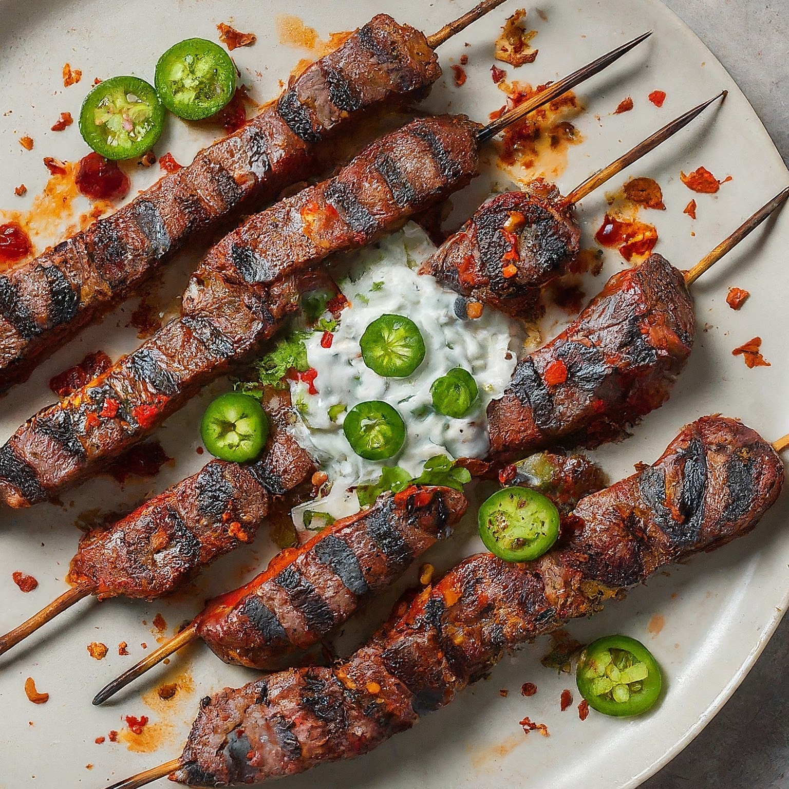 Beef Tri-Tip Skewers Marinated in Harissa and Yogurt