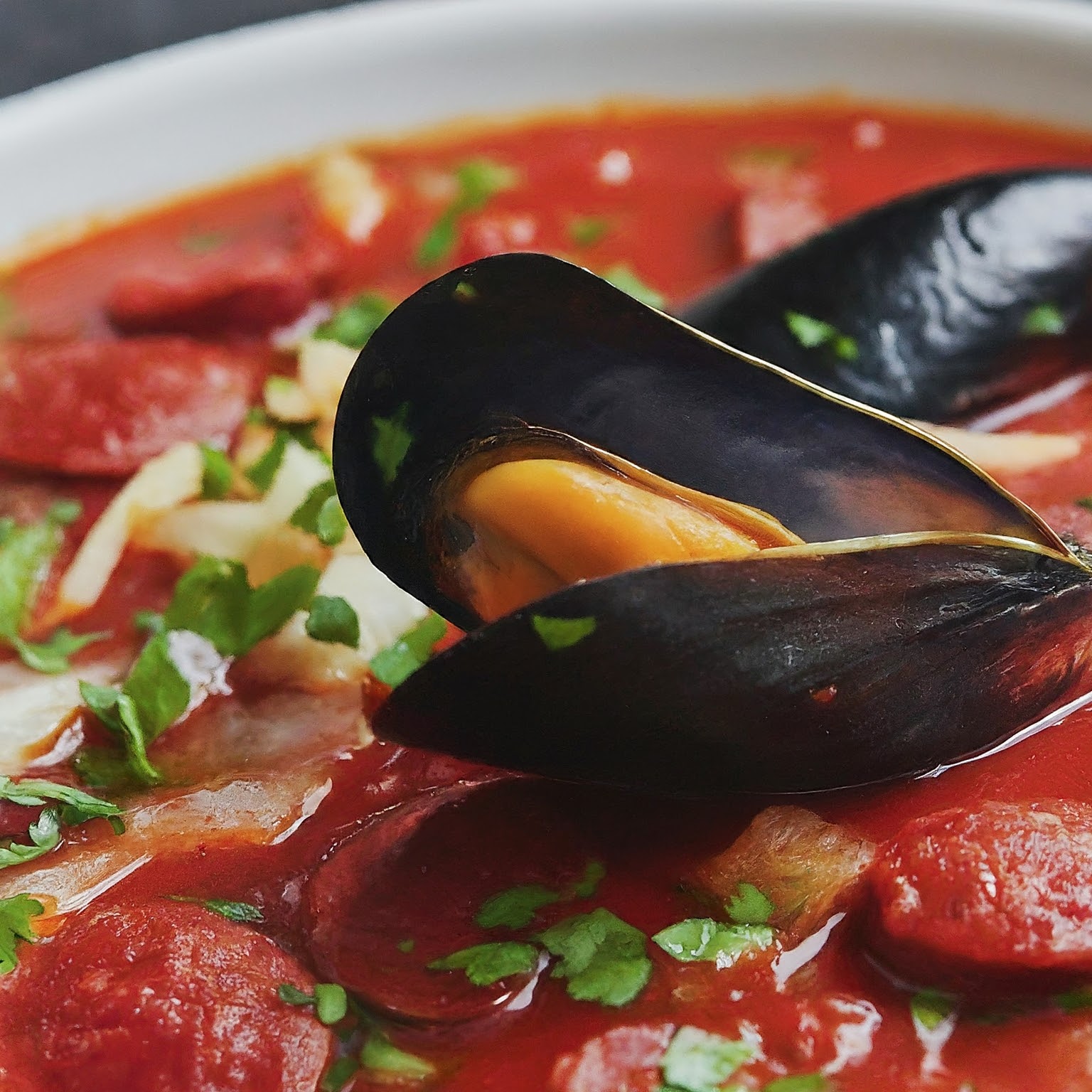 Chorizo and Mussels in Tomato-Wine Broth
