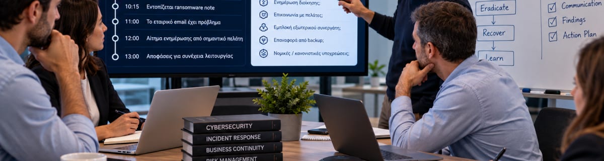Ομάδα επιχείρησης πραγματοποιεί cybersecurity tabletop exercise με σενάριο κυβερνοεπίθεσης και Incident Response Plan