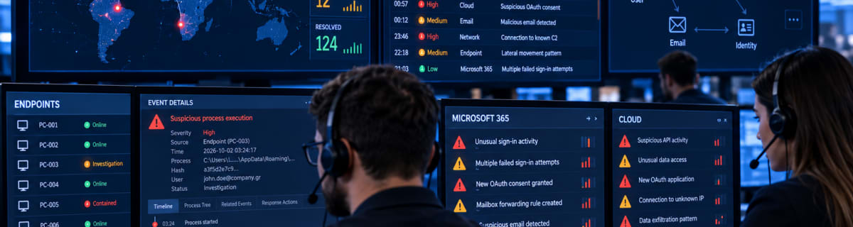 Ομάδα security operations παρακολουθεί και διερευνά alerts από εταιρικά endpoints, identities και cloud συστήματα