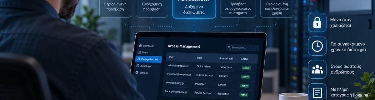 IT administrator διαχειρίζεται προστατευμένη πρόσβαση σε εταιρικά συστήματα με διαφορετικά επίπεδα δικαιωμάτων