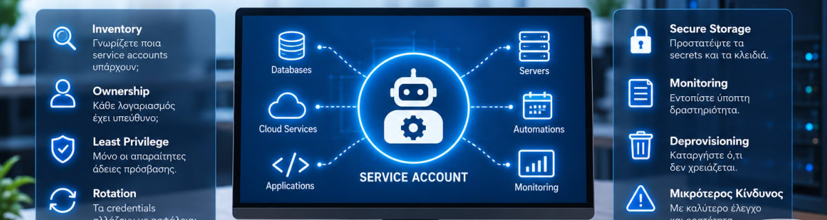 Διαχείριση service accounts και μη ανθρώπινων identities με ελεγχόμενα credentials και περιορισμένα δικαιώματα