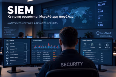 Οθόνες παρακολούθησης security events και logs από διαφορετικά εταιρικά συστήματα σε κεντρικό περιβάλλον SIEM