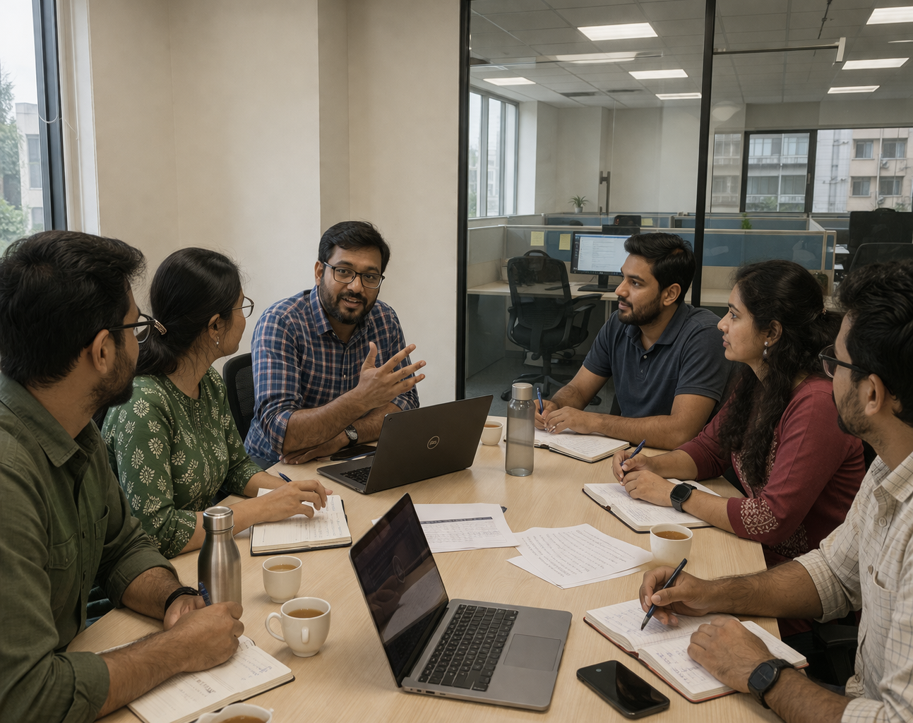 Cross-functional team aligning AI orchestration workflows in a working session