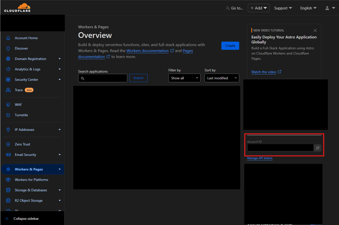 Workers & Pages page for accessing Account ID