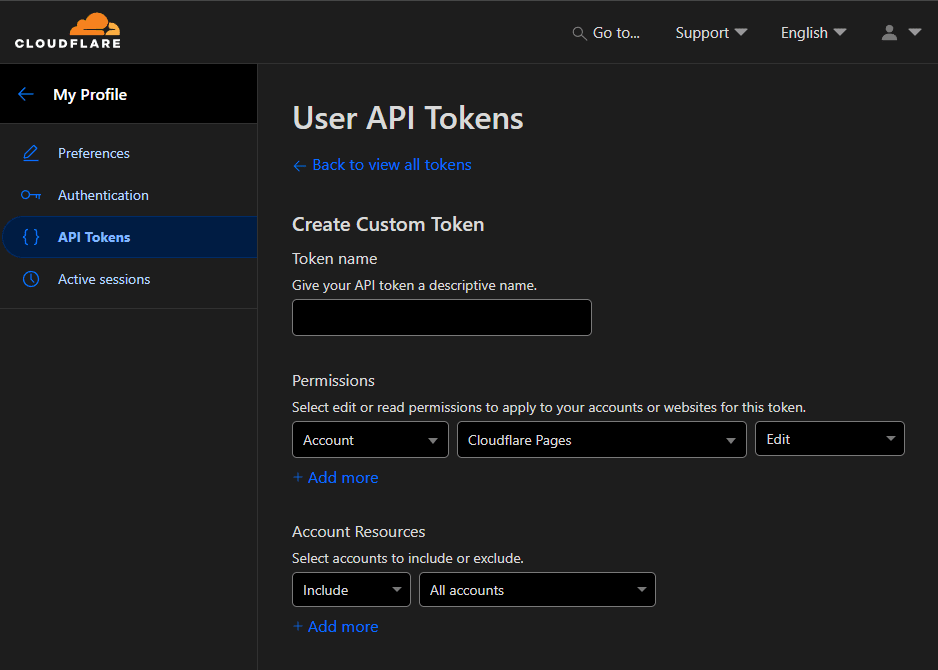 Cloudflare user page when creating API Token