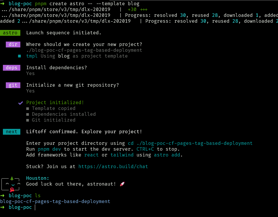 Terminal view when creating a blog project with a template from Astro