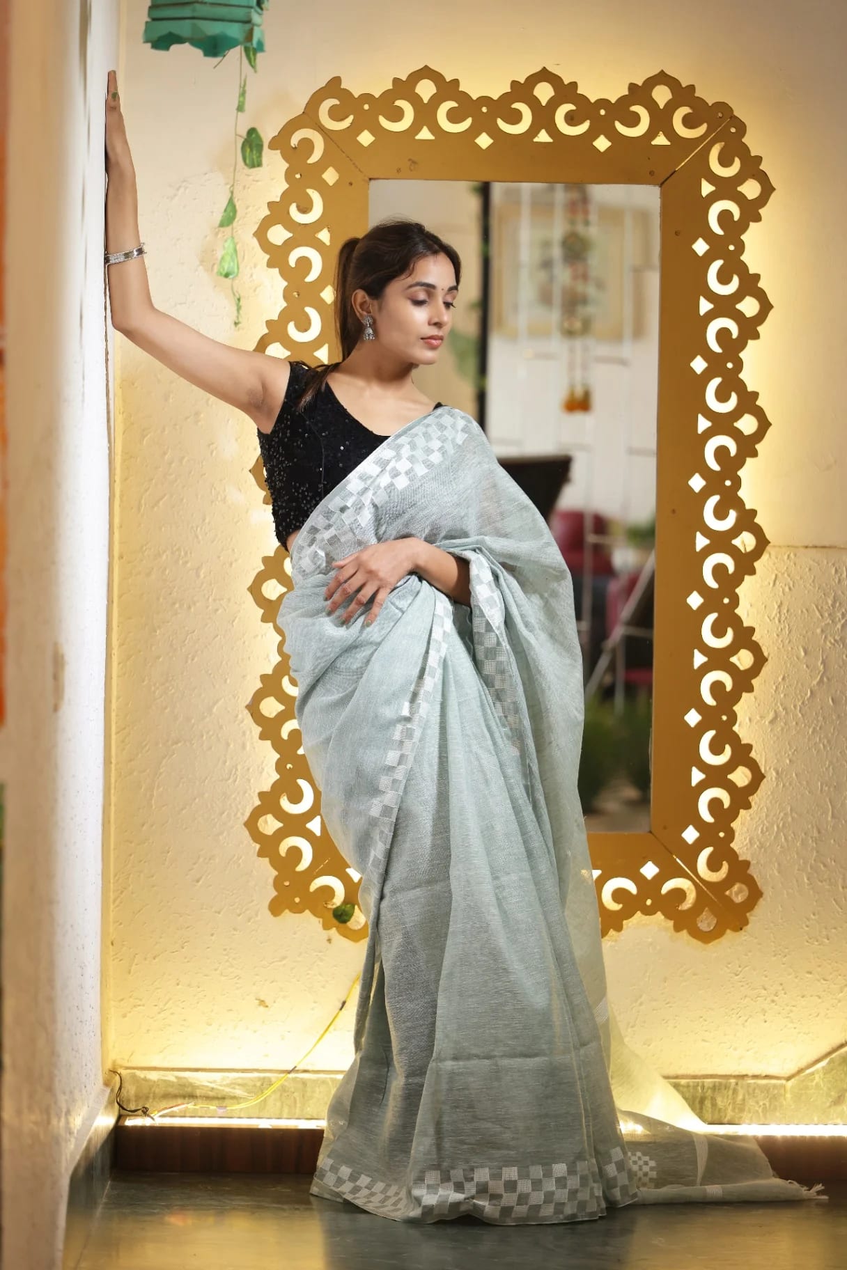 Sea Green Premium Linen Saree with Woven Check Border - Image 1
