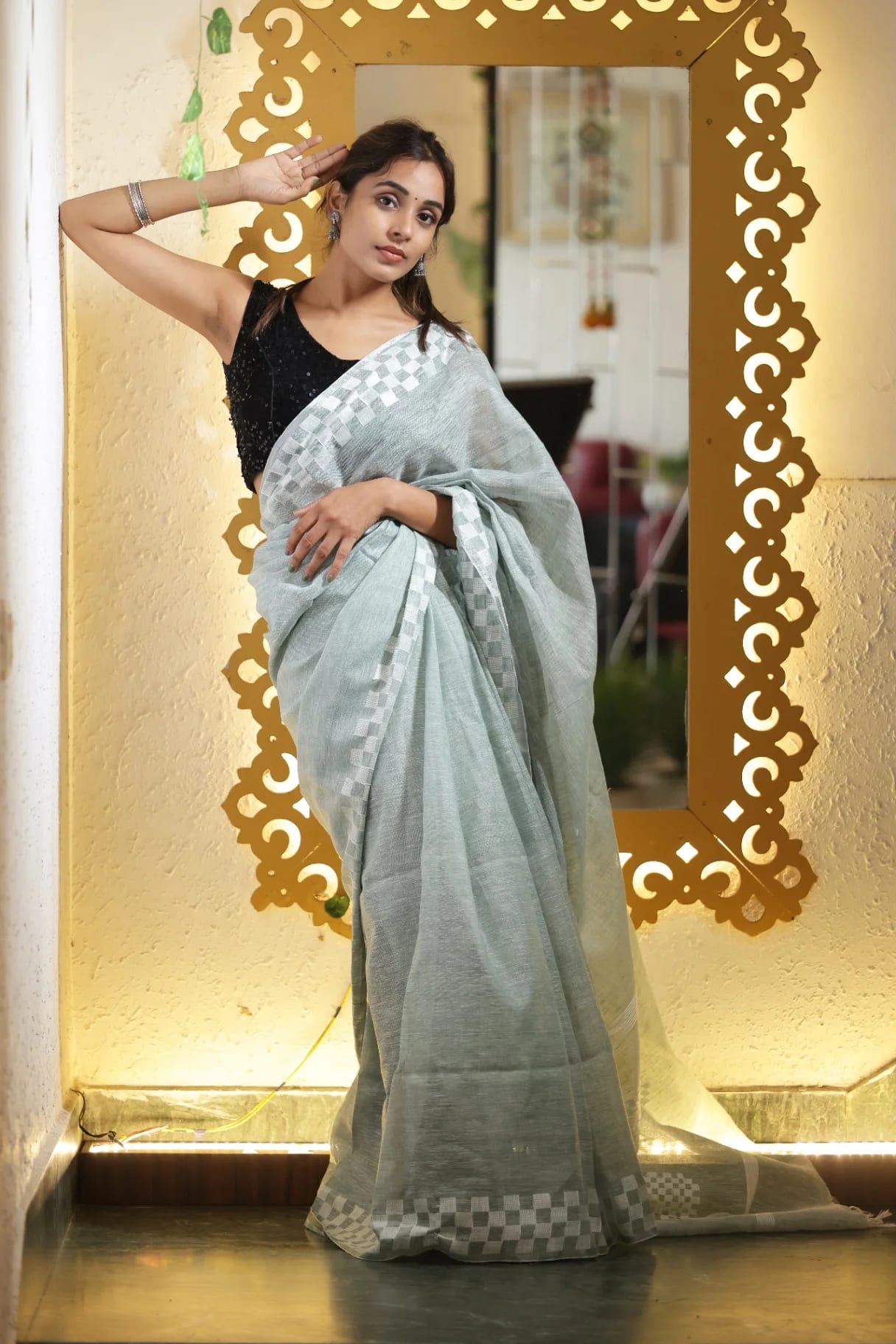 Sea Green Premium Linen Saree with Woven Check Border - Image 2