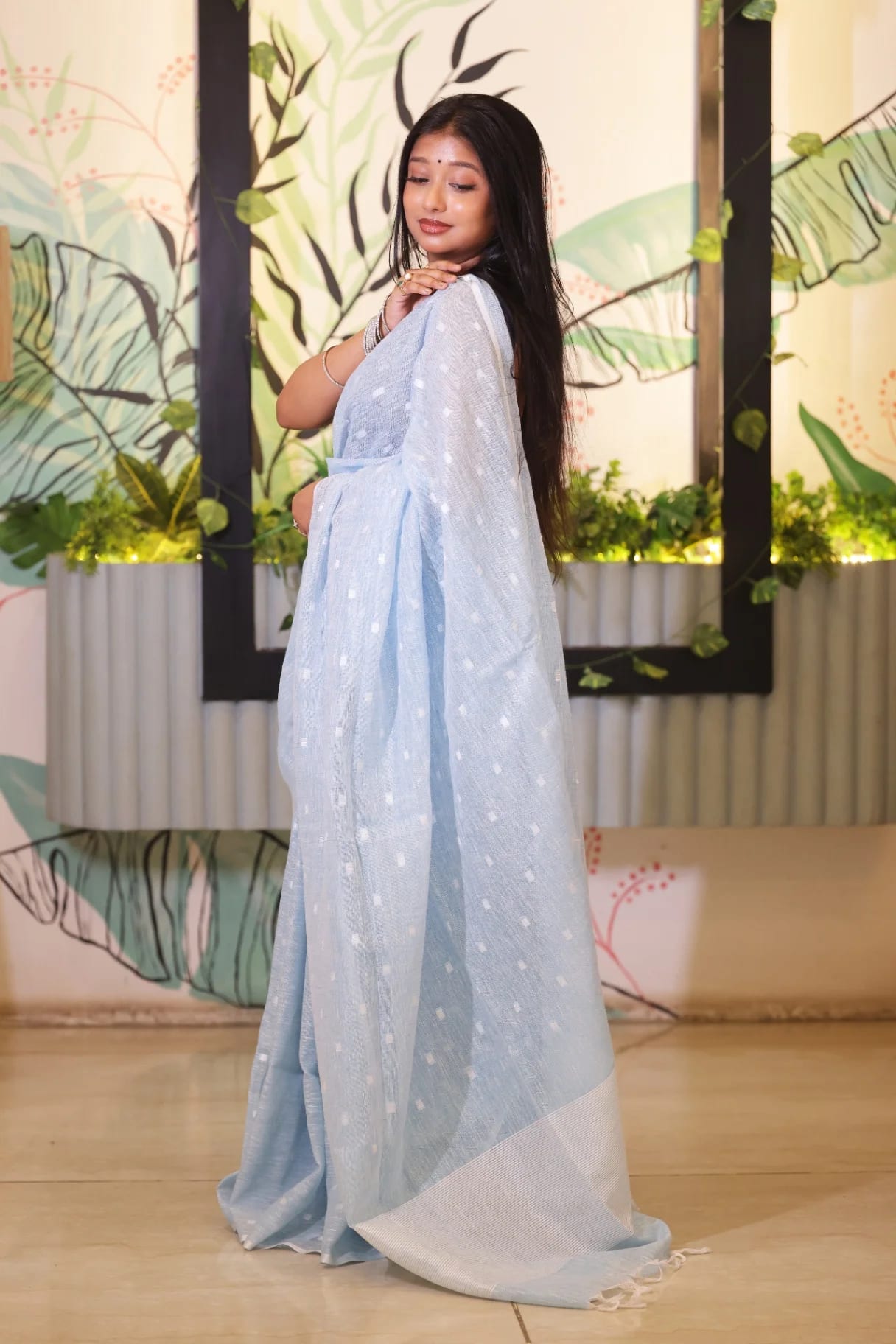 Powder Blue Premium Linen Saree with Woven Butta - Image 2