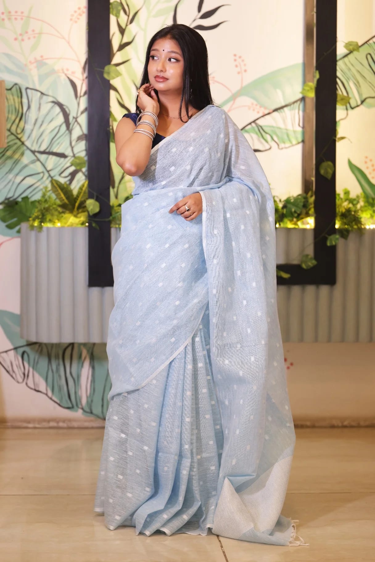 Powder Blue Premium Linen Saree with Woven Butta - Image 3