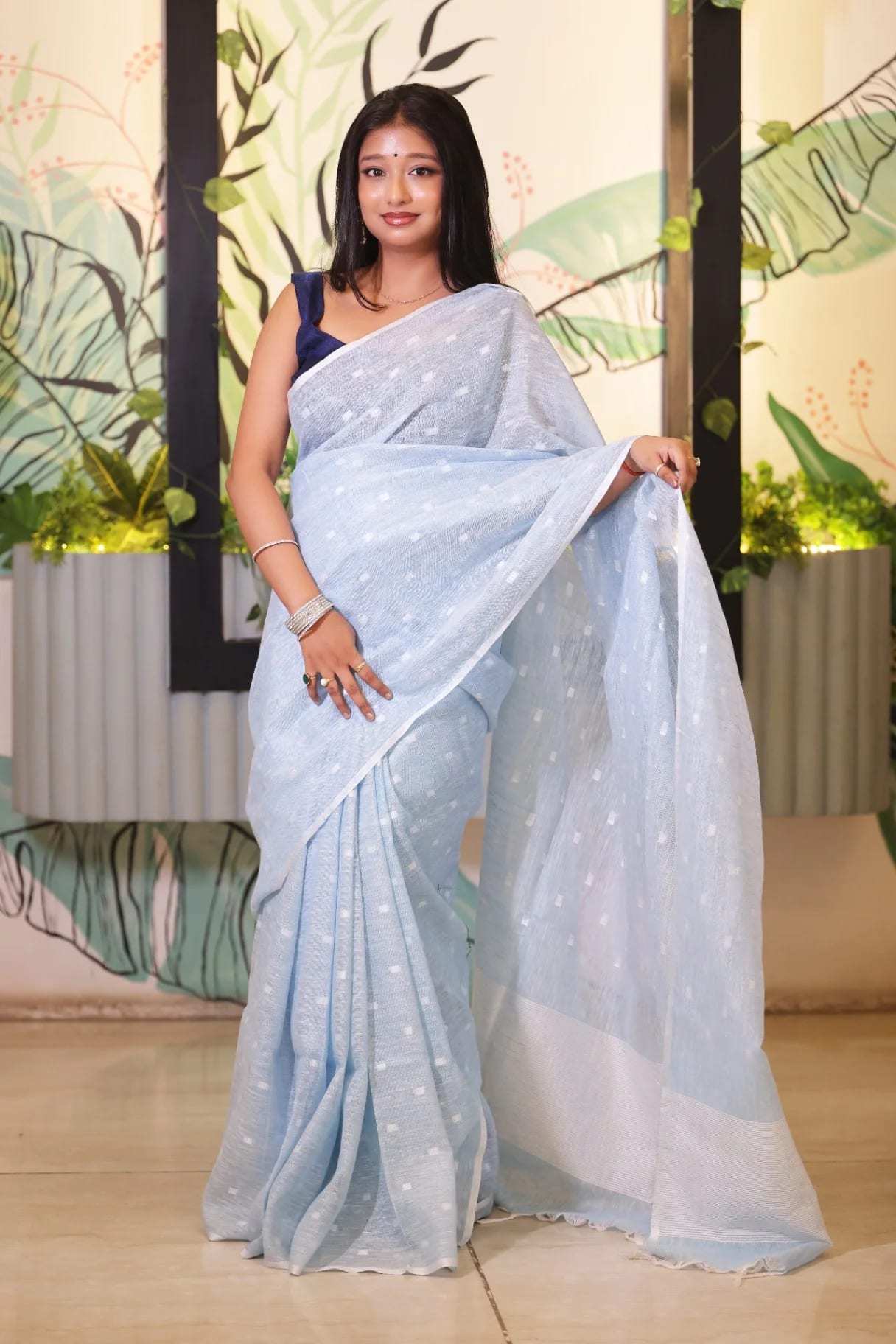 Powder Blue Premium Linen Saree with Woven Butta - Image 1