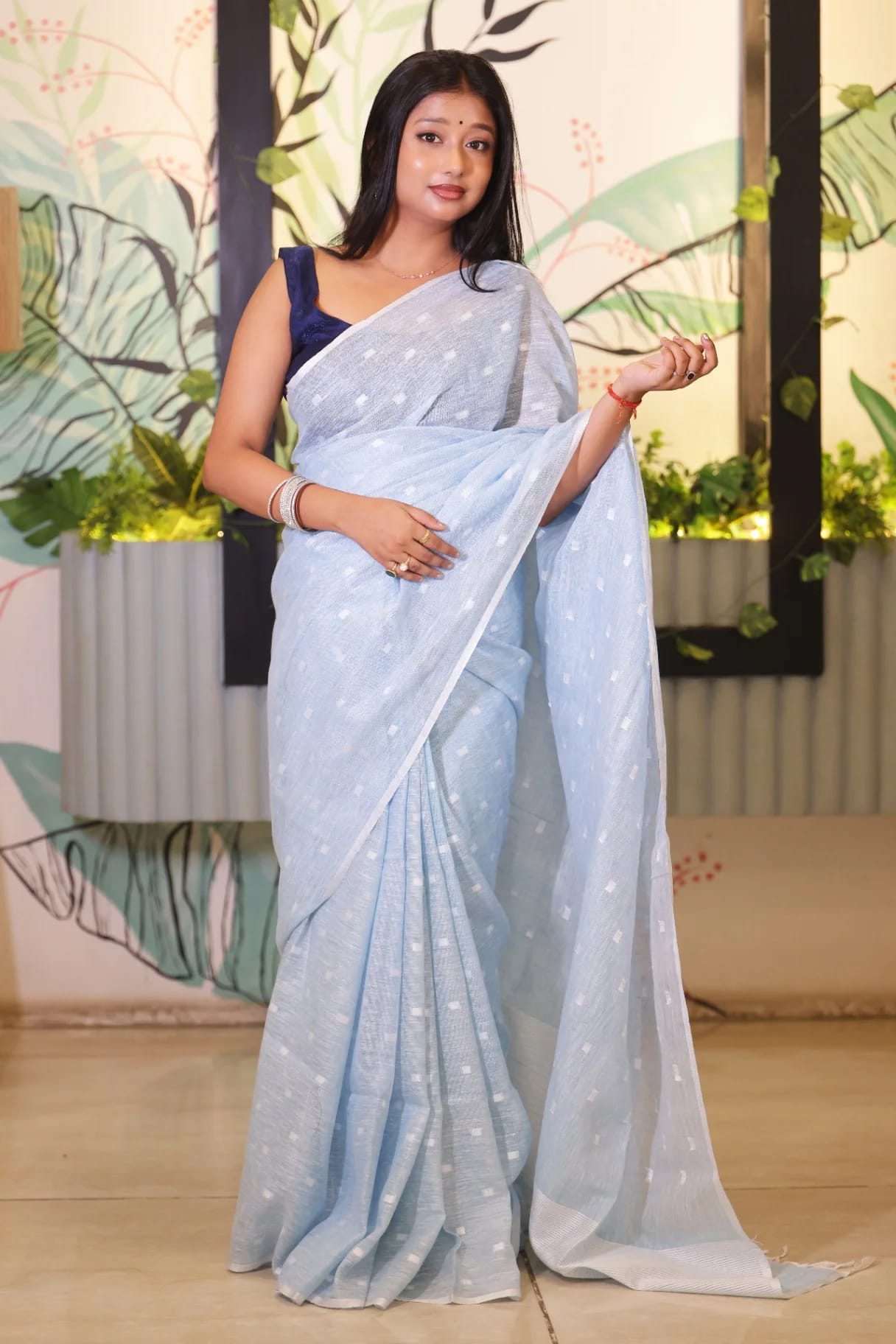 Powder Blue Premium Linen Saree with Woven Butta - Image 4
