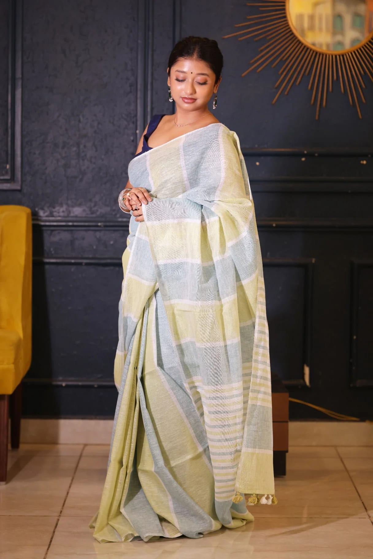 Pastel Green Premium Strips Linen  Saree - Image 1