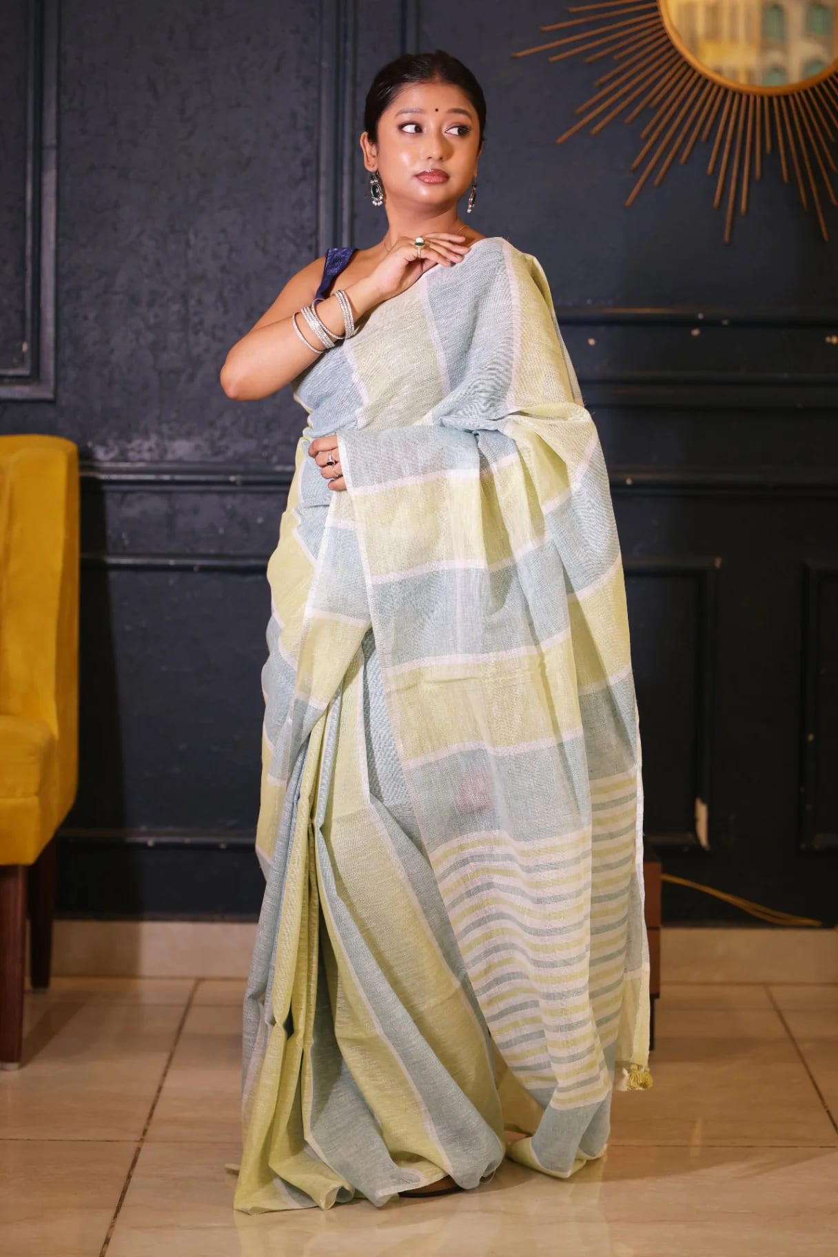 Pastel Green Premium Strips Linen  Saree - Image 3