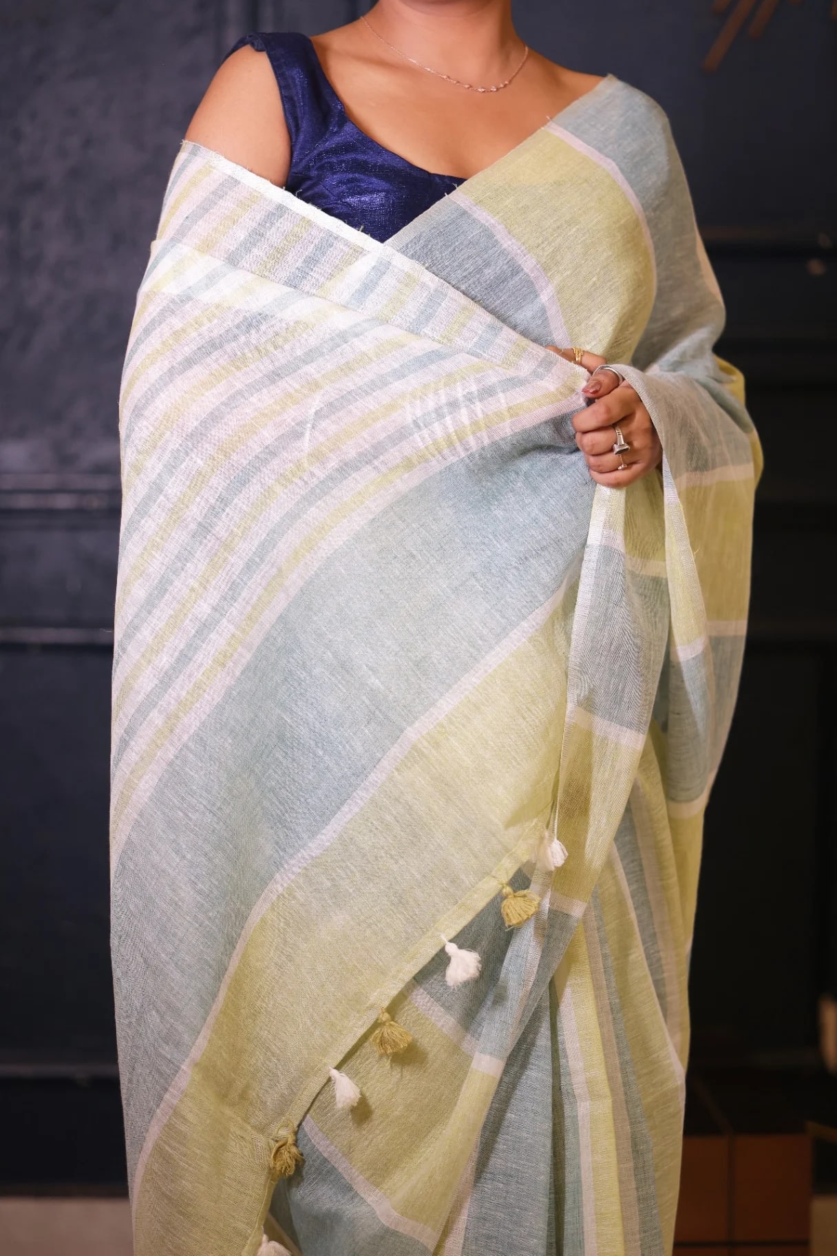 Pastel Green Premium Strips Linen  Saree - Image 4