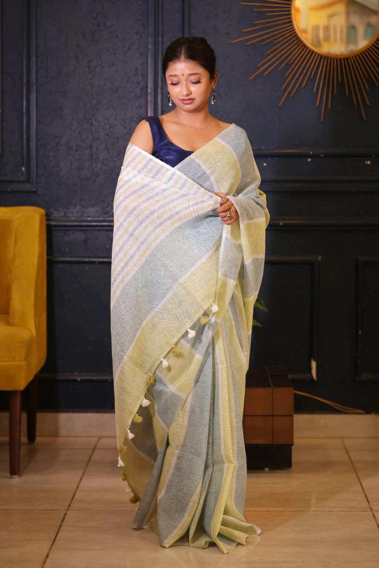 Pastel Green Premium Strips Linen  Saree - Image 2