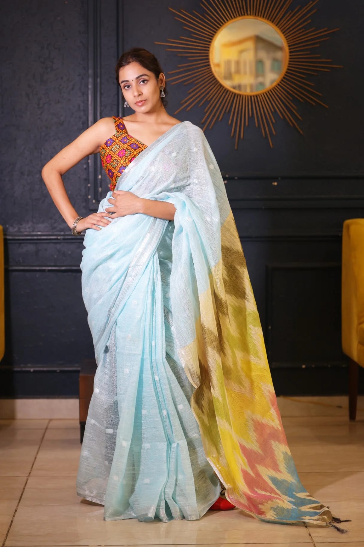 Sky Blue Premium Linen Saree with Ikkat Pallu - Image 1