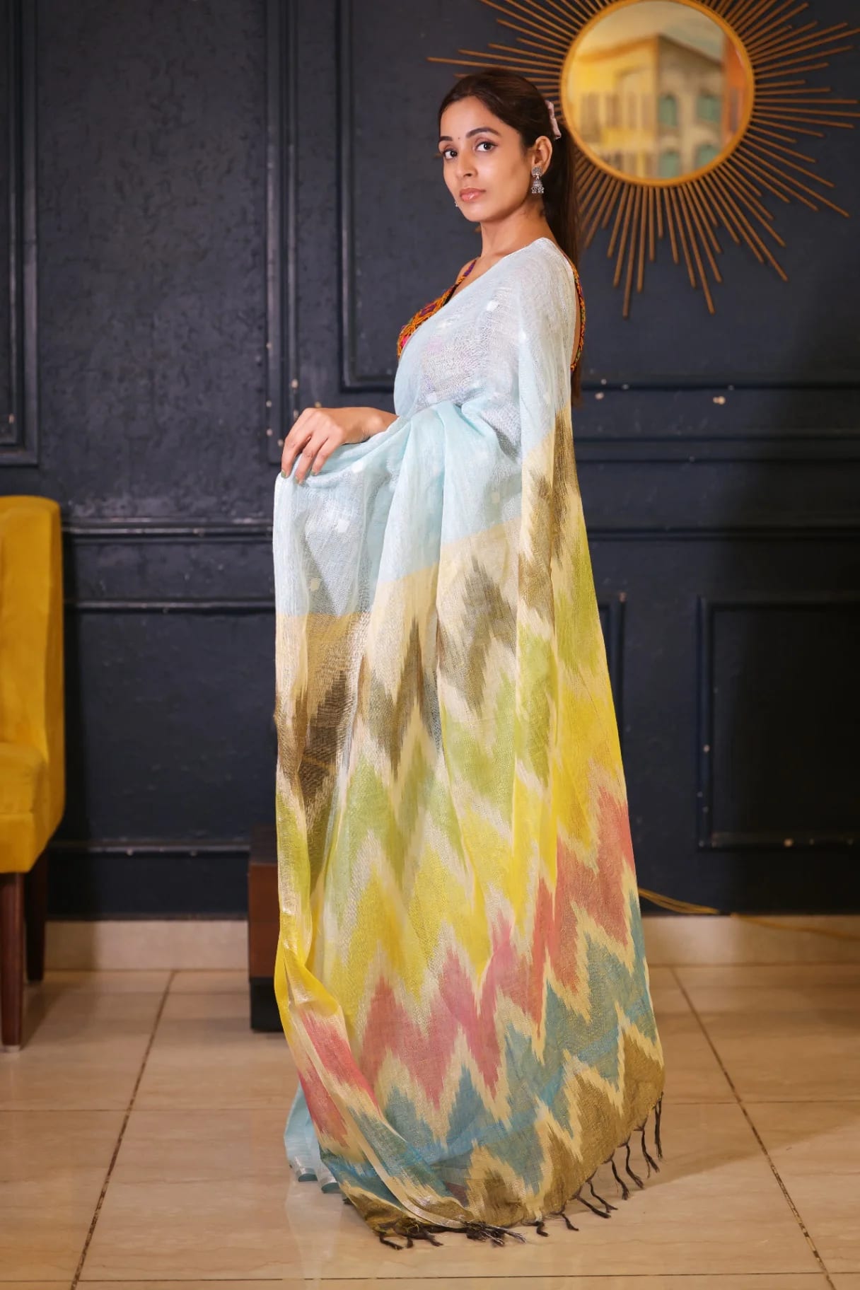 Sky Blue Premium Linen Saree with Ikkat Pallu - Image 2