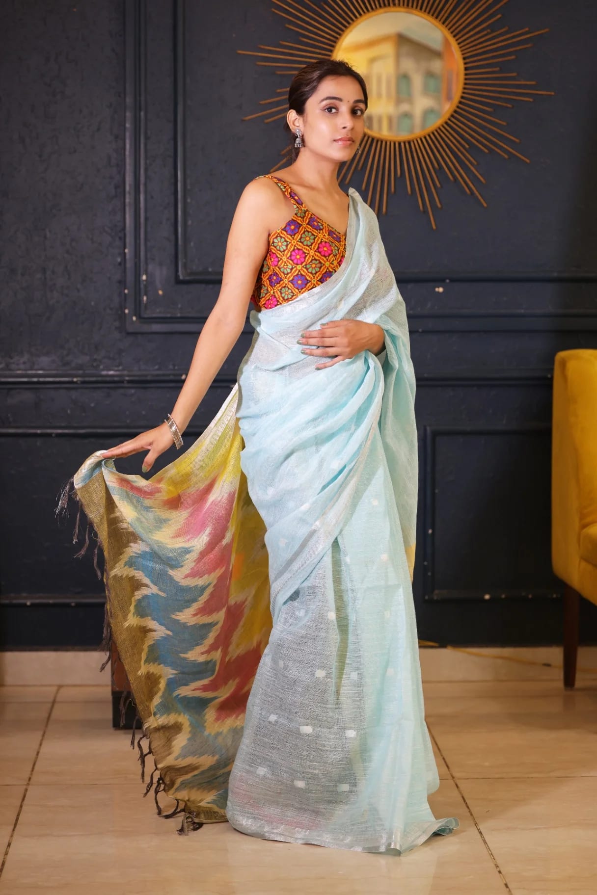 Sky Blue Premium Linen Saree with Ikkat Pallu - Image 4