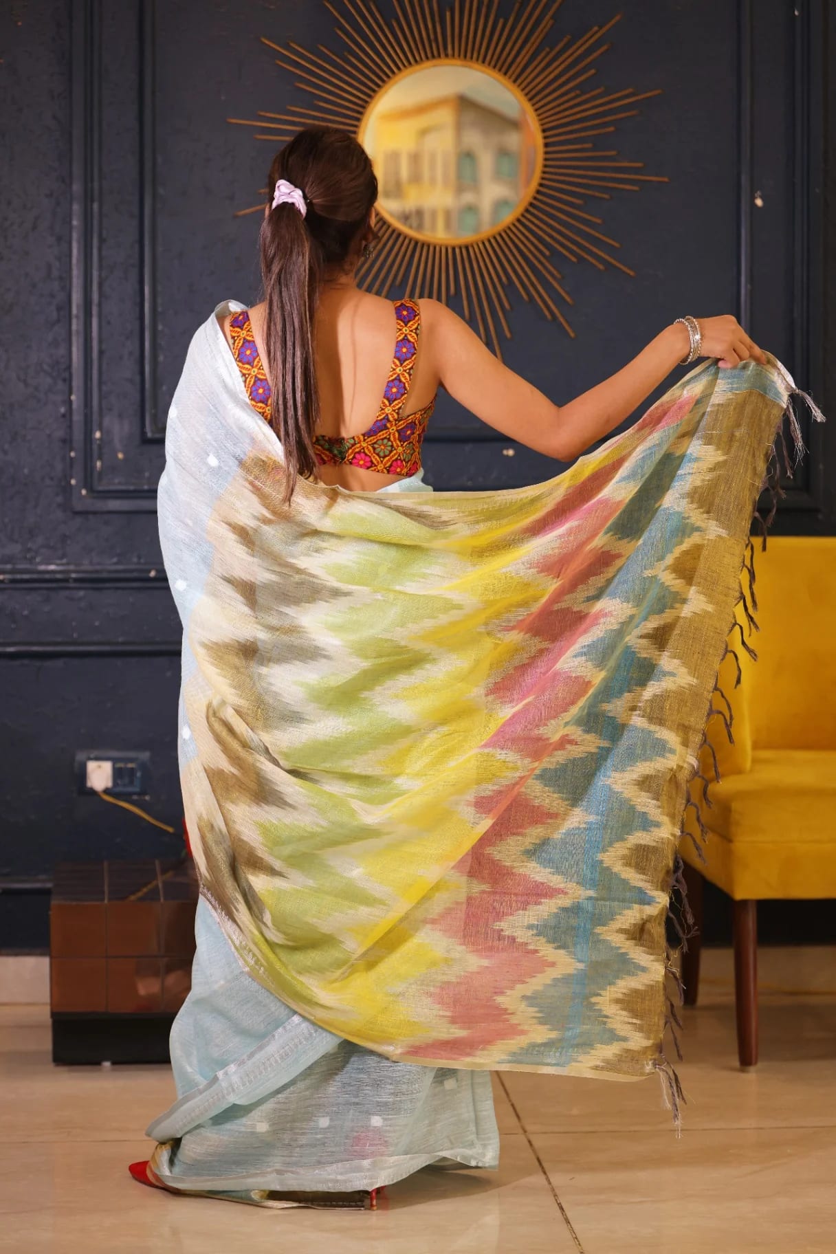 Sky Blue Premium Linen Saree with Ikkat Pallu - Image 3