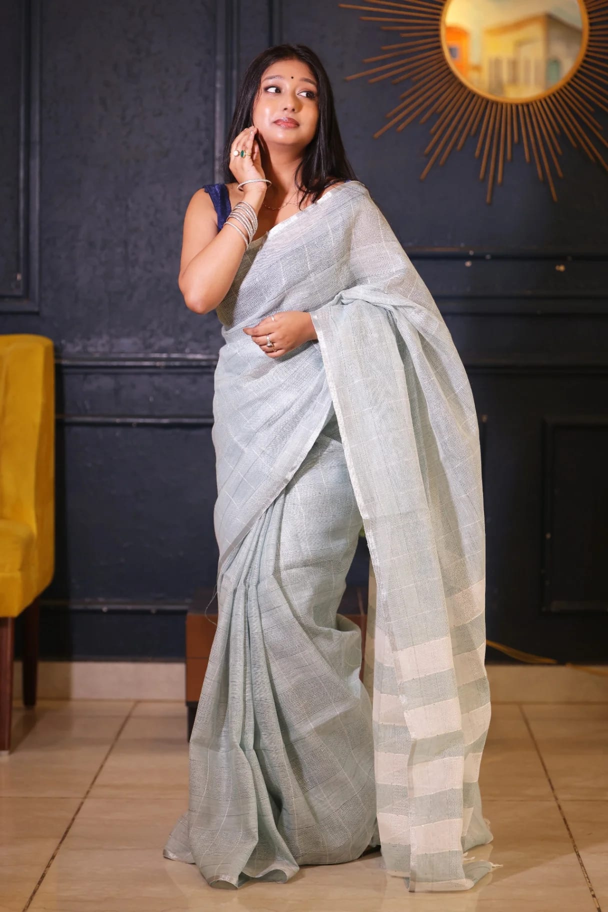 Sage Green Premium Pure Linen Handloom Saree - Image 1
