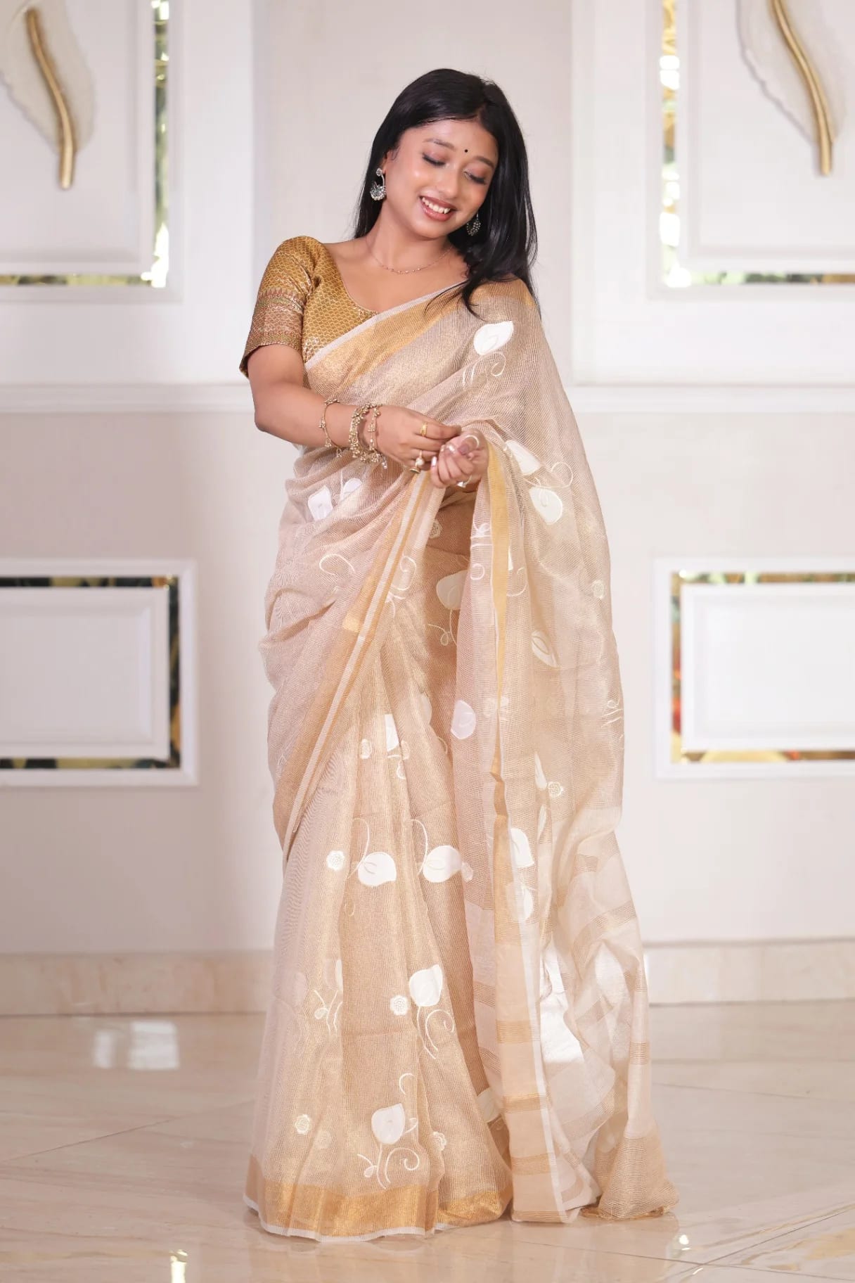  Applique Tissue Linen Saree - Image 1
