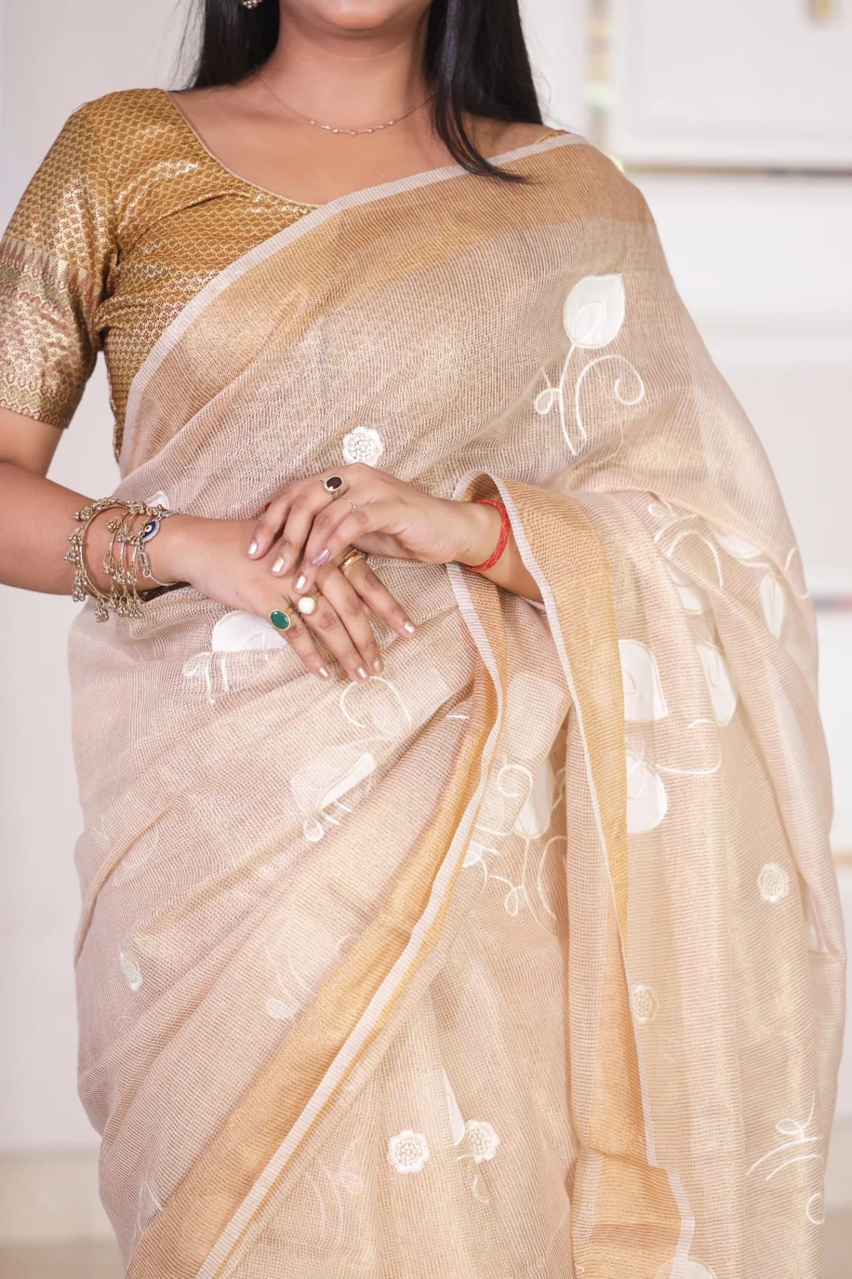  Applique Tissue Linen Saree - Image 4