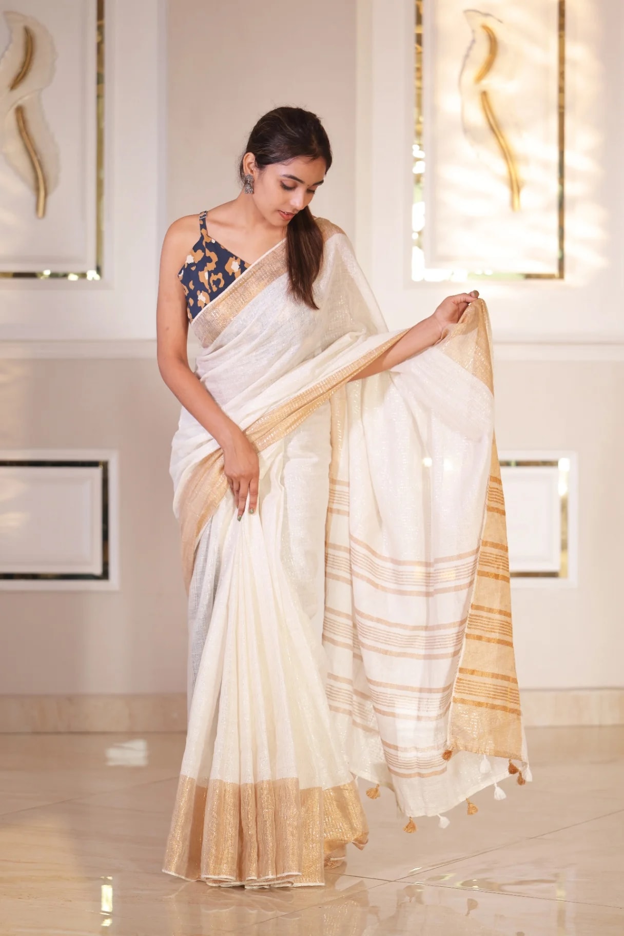 Pure Linen Off White Saree with Golden Zari Border | Handloomer - Image 3