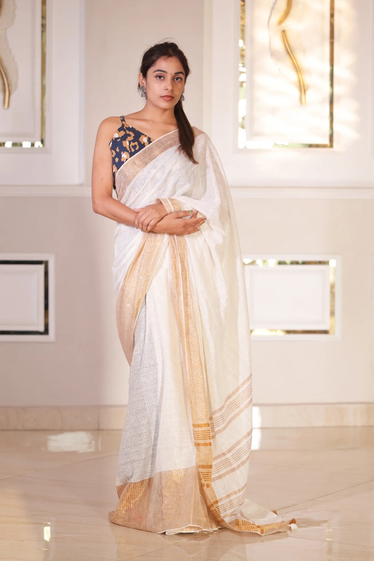 Pure Linen Off White Saree with Golden Zari Border | Handloomer - Image 2