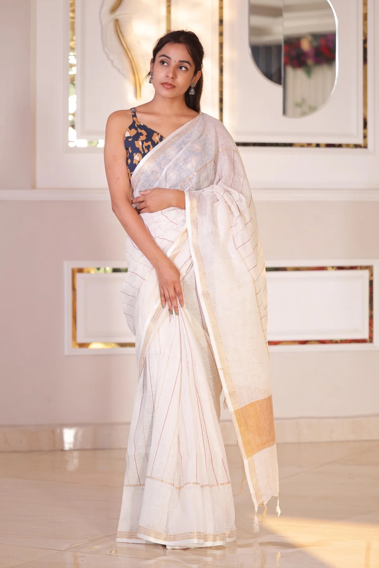 Premium Pure Linen Ivory Stripe Saree | Handloomer - Image 2