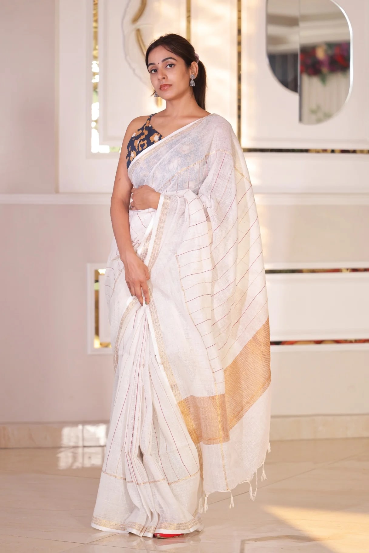 Premium Pure Linen Ivory Stripe Saree | Handloomer - Image 4