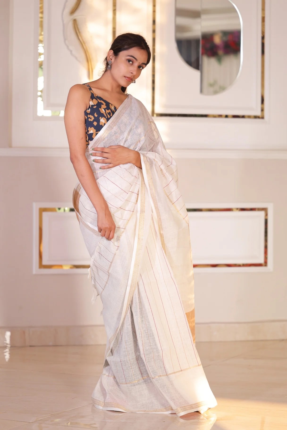 Premium Pure Linen Ivory Stripe Saree | Handloomer - Image 3