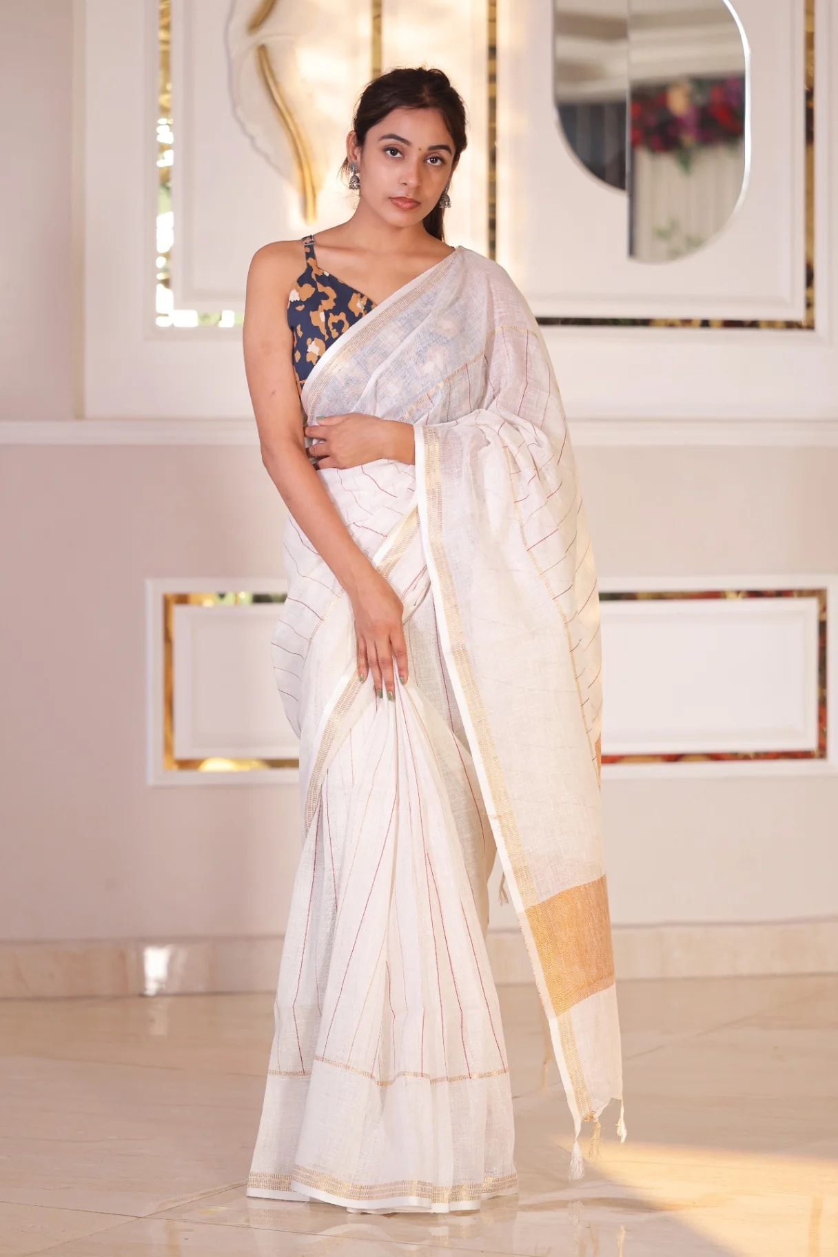 Premium Pure Linen Ivory Stripe Saree | Handloomer - Image 1