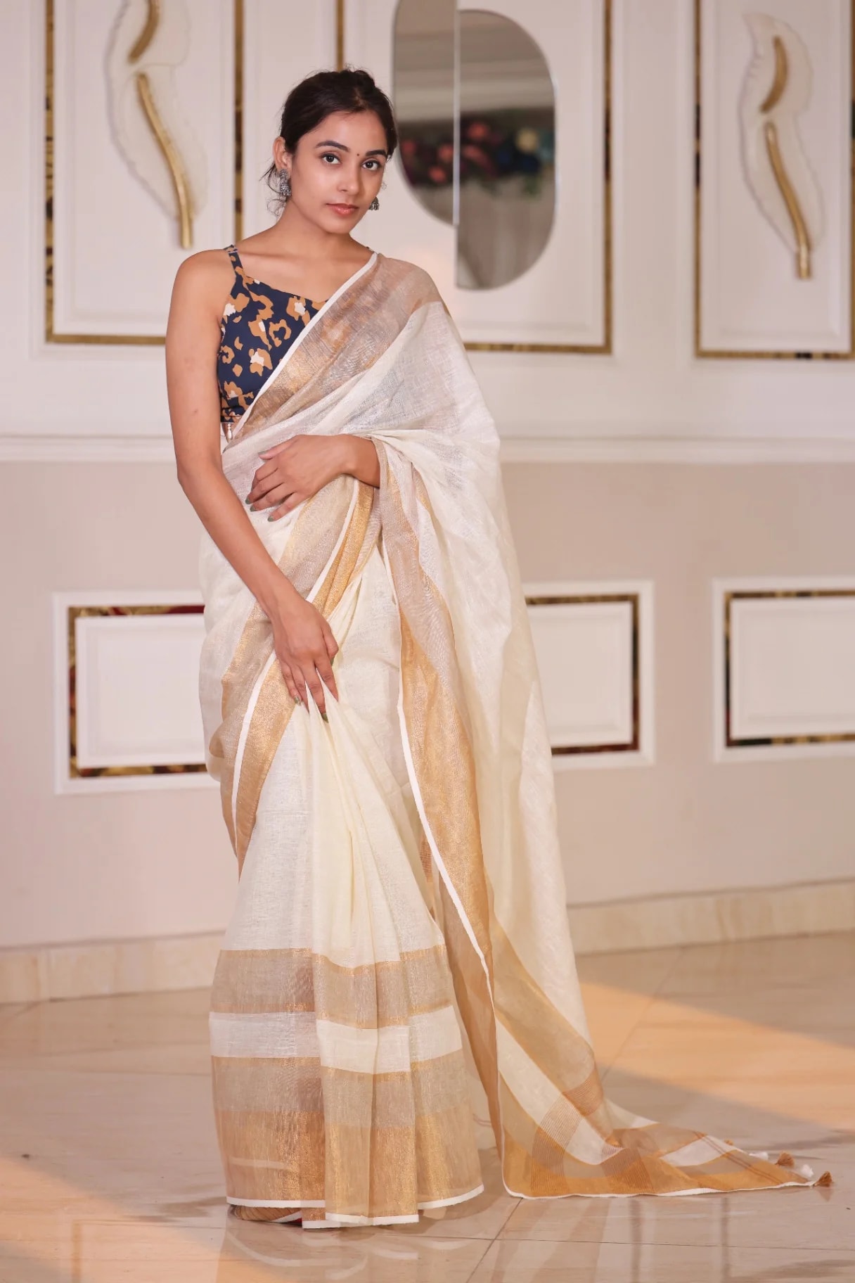Premium Pure Linen Ivory Saree with Golden Zari Border - Image 1